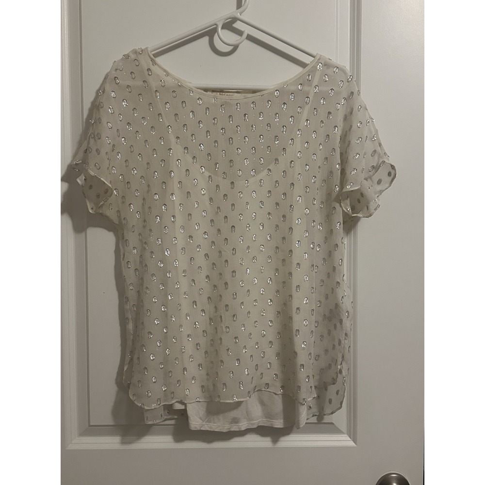Ella Moss Sheer Metallic Dots Top + Cami White Shiny Short Sleeves Festive Sz S‎